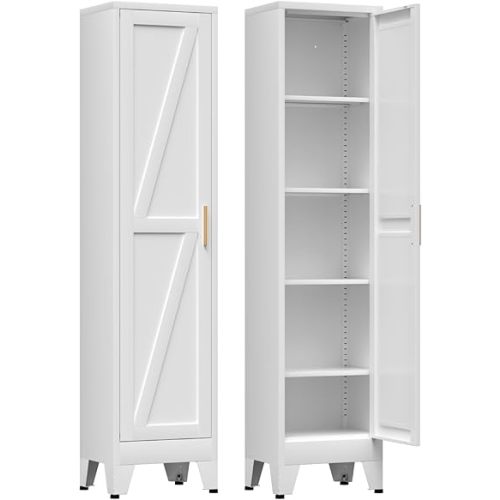 COFaR 67'' Tall Slim Bathroom Storage Cabinet, Metal Narrow Pantry Cabinet with 4 Adjustable Shelves and One Door, Skinny Cabinet Storage for Kitchen Laundry, White Farmhouse 5 Tiers