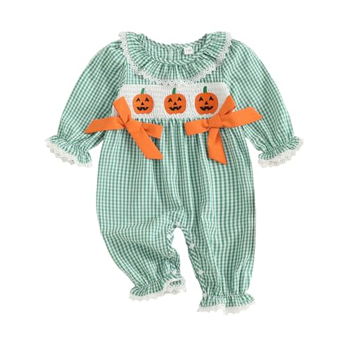Newborn Baby Girl Halloween Outfit Doll Collar Pumpkin Jumpsuit Romper Ruffle Sleeve Bodysuit Long Overalls with Bow