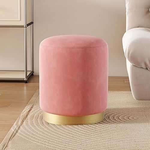 DAGONHIL Modern Round Pink Velvet Ottoman,Upholstered Floor Stools with Gold Plating Base,Accent Makeup Stool for Living Room,Bedroom and Kids Room,Pack of 1(Pink)