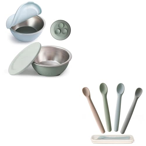 Moonkie Baby Bowls with Suction 2 Pack and Baby Spoons Set of 4, Stainless Steel & Silicone Toddler Bowls with Lids and Two Sizes Feeding Spoon for First Stage 4+ Months, Bundle