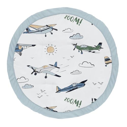 Sweet Jojo Designs Vintage Airplane Boy Baby Play Mat Tummy Time Activity Infant Playmat Playpen Tent Teepee Floor Grey Green Blue White Yellow Airplanes Plane Transportation Clouds Sun Sky Aviator