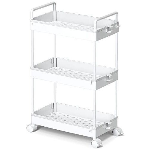 Ronlap 3 Tier Slim Rolling Storage Cart with Wheels Plastic Utility Cart Organizer for Snack Craft Art Postpartum Baby Diaper Nail Makeup in Bathroom Laundry Room Kitchen Bedside Narrow Space, White