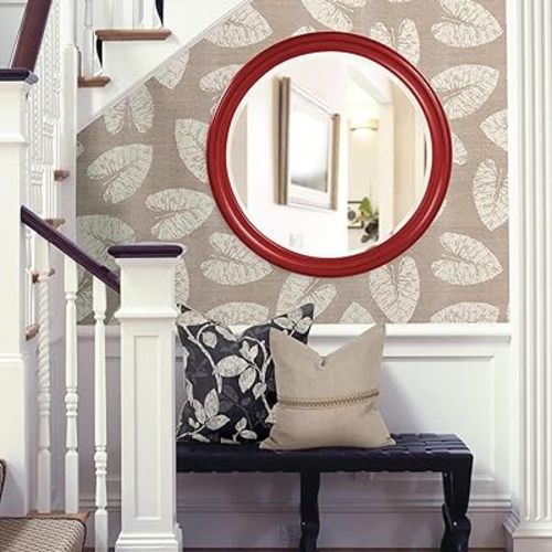 Howard Elliott George Round Glossy Red Wall Mirror, Bevelled Vintage Hanging Wood Framed Vanity Mirrors for Home Decor, Living Room, Bathroom, Bedroom, or Hallway, 36 Inch Round