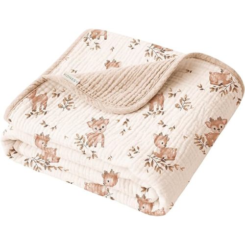 Konssy Muslin Baby Blankets for Girls Boys, 100% Cotton Crib Blanket for Baby Infant Toddler, Super Soft and Lightweight Nursery Blankets 40"x36" (Deer)