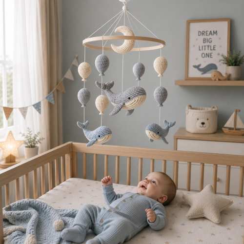 Whale Crochet Baby Mobile, Handmade Crochet Whale Crib Mobile, Ocean Nursery Decor, Neutral Baby Mobile, Baby Shower Gift, Newborn Gift