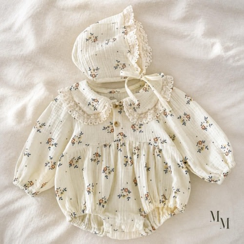 Vintage Baby Romper Bonnet Set Newborn Girl Photo Outfit Coming Home Hospital Christening Clothes Baptism Ceremony Easter Infant Special