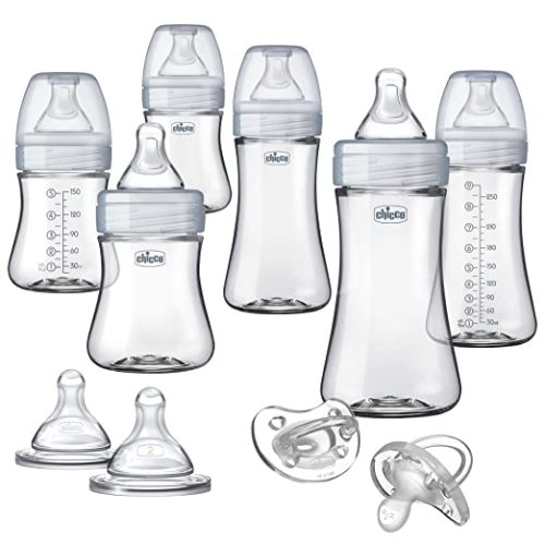 Chicco Duo Hybrid Baby Bottle Newborn Deluxe Giftset, Real Glass Inside, Lightweight Plastic Outside, Patented Invinci-Glass Technology, Intui-Latch Nipple, Clear/Grey