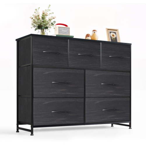 Simenmax 7 Drawer Dresser for Bedroom, Fabric Storage Dresser for Bedroom, Wood and Metal Dresser TV Stand for Living Room, Entryway Black Wood