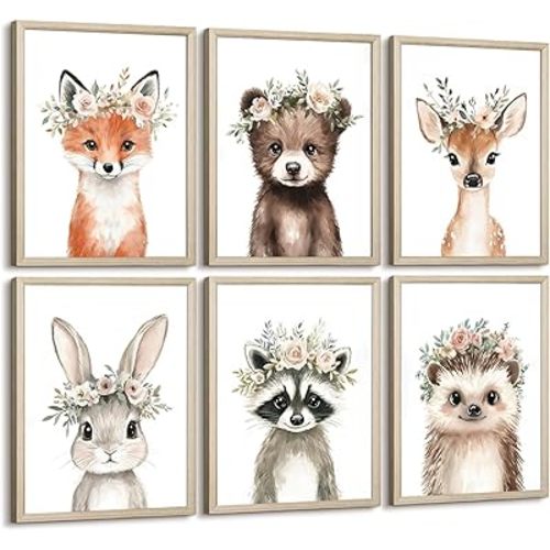 Woodland Animal Nursery Wall Art Decor Baby Girl Room Pictures Floral Crown Animal Canvas Wall Art Decor Safari Bear Fox Poster Floral Nursery Prints Artwork for Kids Bedroom 8x10x6 Inch Wood Framed