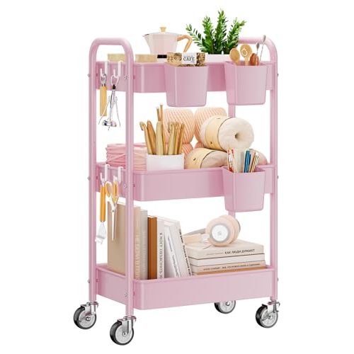 YASONIC 3-Tier Metal Rolling Cart, Heavy Duty Utility Cart with Lockable Wheels, Hanging Cups, Hooks, Mesh Rolling Storage Cart Craft Organizer, Lightweight and Sturdy, Pink