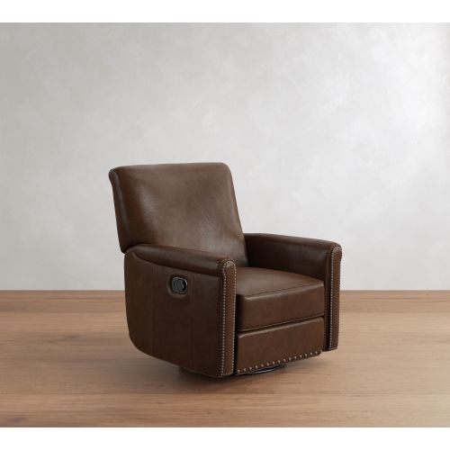 Irving Roll Leather Swivel Glider Recliner with Nailheads, Polyester Wrapped Cushions, Statesville Molasses