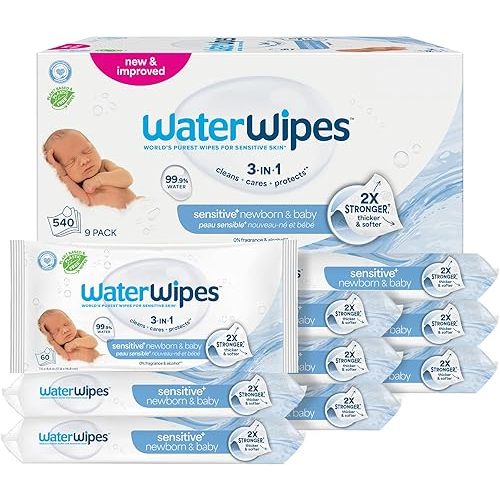 WaterWipes Sensitive+ Newborn & Baby Wipes, 3-In-1 Cleans, Cares, Protects, 99.9% Water, Unscented & Hypoallergenic, 540 Count (9 Packs)