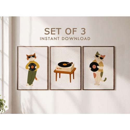 Set of 3 Wall Art Printable Retro Cat Music Posters Vinyl Record Art Mid Century Modern Decor Minimalist Scandinavian Print Set