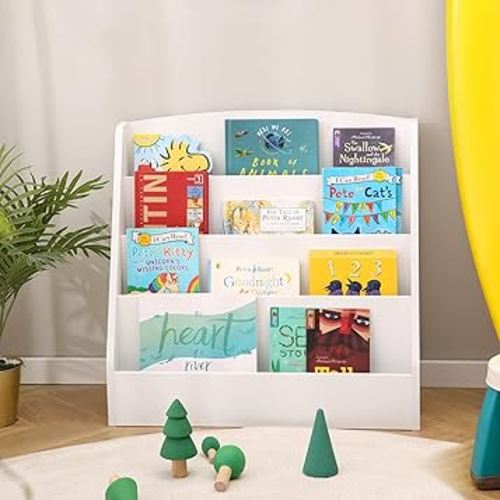 TOETOL 4-Tier Kids Bookshelf - Toddler Book Display Shelves for Classrooms, Playrooms, and Nursery - Wooden Children Book Rack (White)