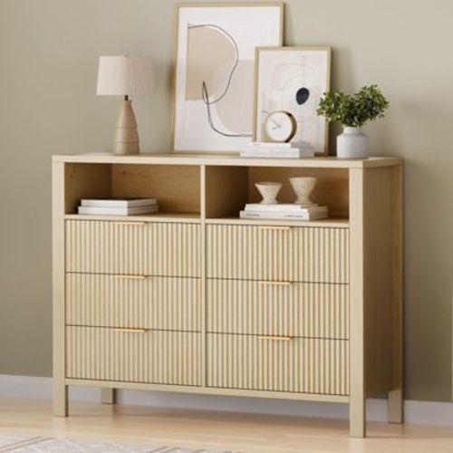 6 Drawer Dresser, Farmhouse Chest of Drawers with 2 Open Shelves and Fluted Doors, Home Storage and Organization for Living Room, Entryway
