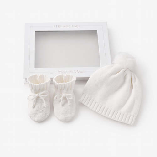 Cream Knit Hat & Booties Gift Set WHITE / 0-6M