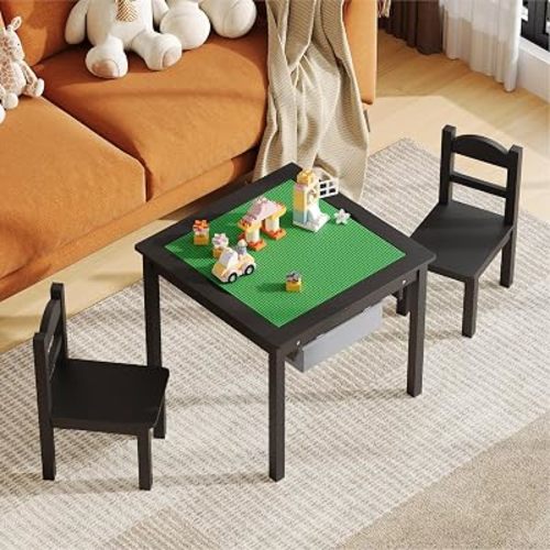 Treocho Wooden Kids Table and Chair Set with Reversible Tabletop