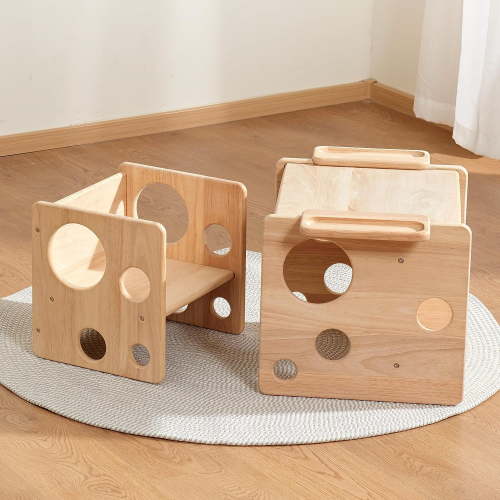 Weaning Table and Chair Set, Montessori Table and Chair Set for Toddler, Natural Solid Wood Activity Table Cube Chair for Drawing Reading, Montessori Furniture for Children