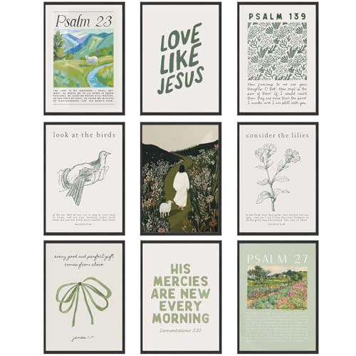 9pcs Sage Green Christian Wall Art Bible Verse Paintings Pictures Wall Decor Jesus Poster Printing Artwork for Living Room Bedroom Christian Housewarming Gift Fashionable College Style Home Decoration