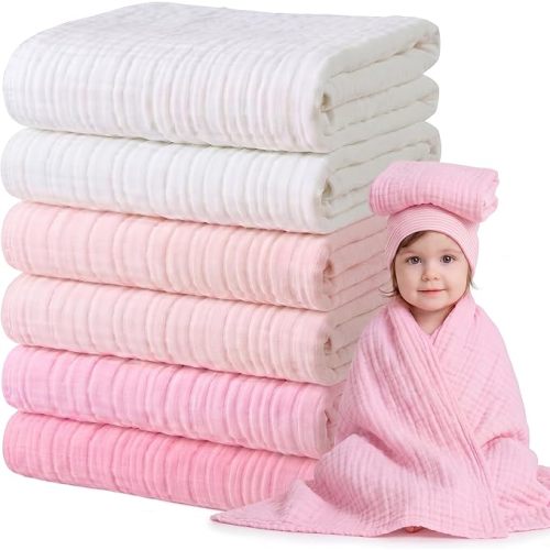 6 Pack Baby Muslin Bath Towels Bulk 43.3 x 43.3 Inch 6 Layer Soft Cotton Swaddle Receiving Blankets Breathable Quick Dry for Newborn Infant Toddler, Baby Shower Registry Gifts(Pink and White)