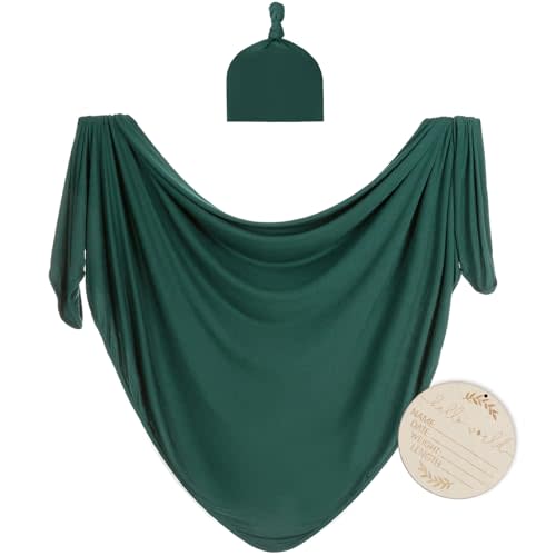 Large Jersey Knitted Swaddle Blanket for Baby, Soft Stretchy Receiving Blanket for Newborns with Hat, Baby Nursery Swaddle 47 x 47 inches(Peacock)