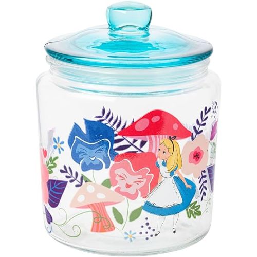 Silver Buffalo Disney Alice in Wonderland Flowers and Mushrooms Glass Cookie Snack Candy Jar with Lid (Small)