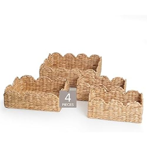 RGI Home Scalloped Edge Baskets, Water Hyacinth, Set of 4 Woven Decorative Baskets, Multi-sized for Organizing in Any Room, Natural Finish