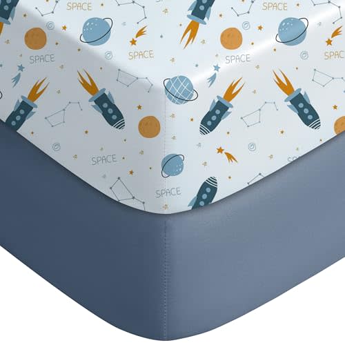 Yoofoss Baby Crib Sheets for Boys Girls, Fitted Crib Sheet 2 Pack for Standard Crib and Toddler Mattress, Super Soft Microfiber Baby Sheet 28x52x8in(Blue Rocket)
