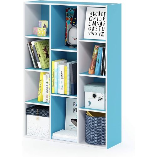 Furinno LUDER Book Shelf, 11-Cube Bookshelf, Reversible Bookcase, 9.4 x 29.1 x 41.7, Easy Assembly, for Living Room, Bedroom, Home Office, White/Light Blue