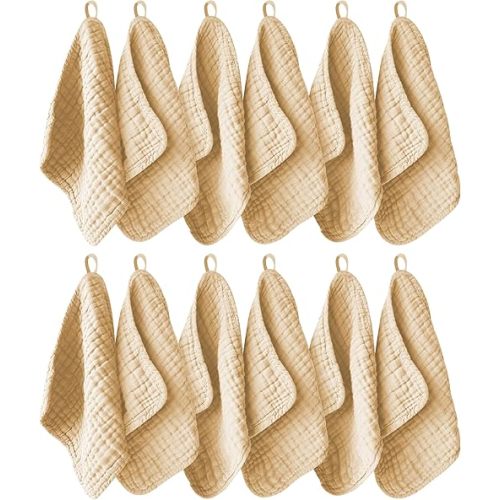 12 Pack Muslin Washcloths for Baby - 100% Cotton Baby Wash Cloths for or Baby Face Body Comfy and Soft for Newborn Infants Kids Girls and Boys - 12"x12" - Brown