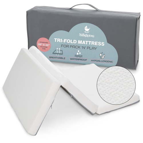 Babylicious Waterproof Pack and Play Mattress Topper | 38" x 26" x 1.5" | Trifold - Breathable Plush Foam - Baby Foam Mattresses
