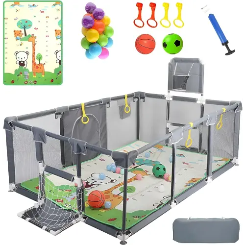 Upgraded Playpen with Enhanced Thick Foldable Mat, Balls, 4 Rings, Storage Bag, Basketball Hoop & Soccer Nets - Play Yard - Sport Playpen - Activity Center - BPA-Free, Non-Toxic, Safe