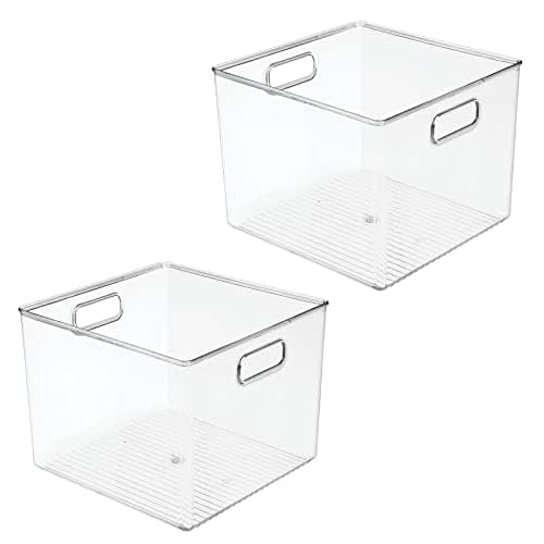 mDesign Small Modern Plastic Storage Organizer Bin Basket with Handles for Home Closet Organization - Shelf, Cubby, Cabinet, and Cupboard Organizing Decor - Ligne Collection - 2 Pack - Clear