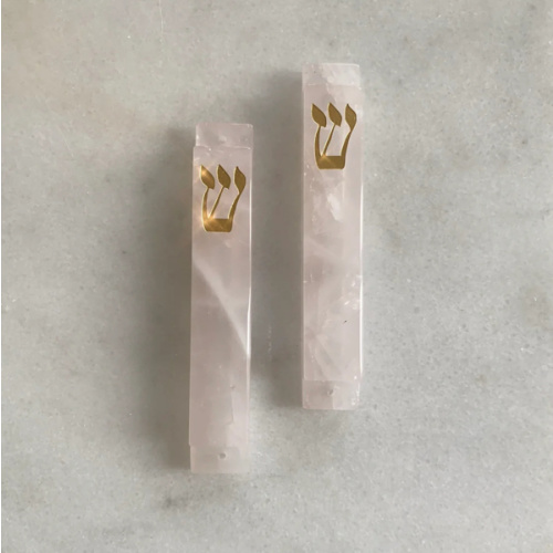 Carved Pink Quartz Stone with Gold Shin Mezuzah