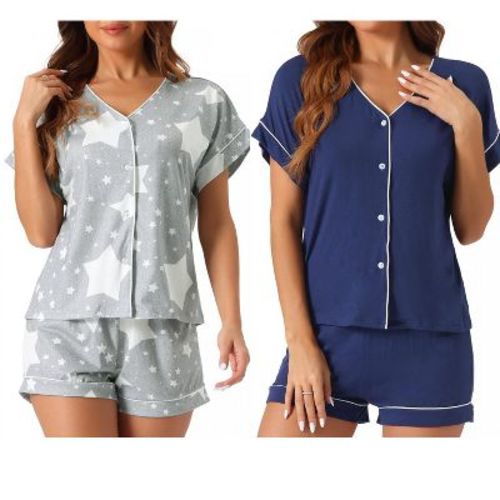 cheibear Women's Modal Button Up Short Sleeve T-shirt and Shorts Pajama Sets 2 Pcs Gray Star/Navy Blue Large