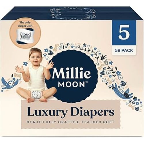 Millie Moon Luxury Diapers – Ultra Soft Cloud Touch Disposable Diapers with 12 Hour Absorbency & Wetness Indicator (5-58ct)