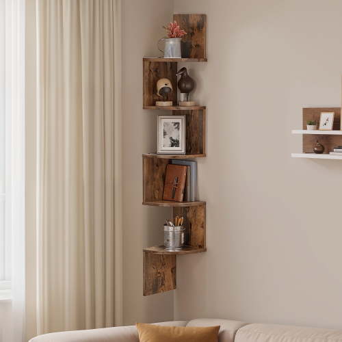 LEDREM Floating Corner Shelf - 5-Tier Wall Mount Bookshelf, Space-Saving Design, 13.2lb Capacity per Shelf, Rustic Brown