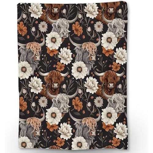 Cute Highland Cow & Floral Blanket - Soft Lightweight Cozy Animal Flannel Throw Blanket for Adults Kids Women, Warm Fuzzy Blankets for Couch, Bed, Travel, Outdoor Use, Home Decor 60×50 in