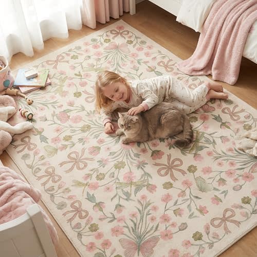 5x7 Pink and Green Floral Butterfly Bow Area Rug for Living Room | Soft Low-Pile Machine-Washable Rug with Non-Slip Backing for Bedrooms, Dining Rooms and Nurseries, Made for Simple Daily Care