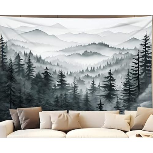 QGHOT Misty Forest Tapestry, Nature Mountain Tapestry Wall Hanging Black and White Grey Cool Landscape Wall Art for Mens Bedroom Living Room Decor 78.7L x 104W