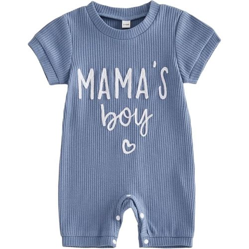 Sejardin Newborn Infant Baby Boy Summer Jumpsuit Letter Embroidery Short Sleeve Crew Neck Romper Waffle Outfit