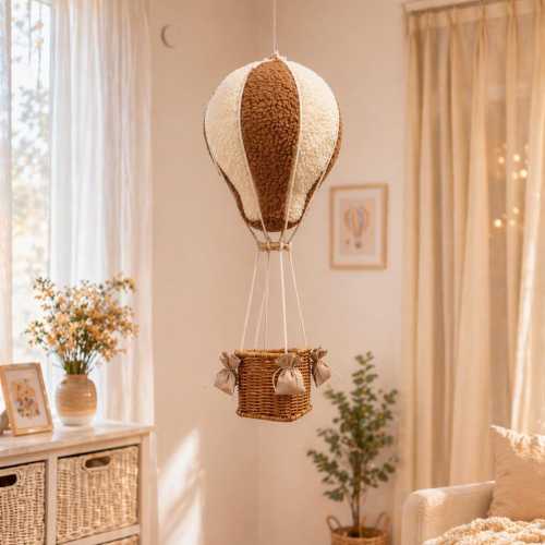 Bouclе Hot Air Balloon Wall Decor, Rattan Basket, Wooden Detail, Neutral Scandinavian Nursery