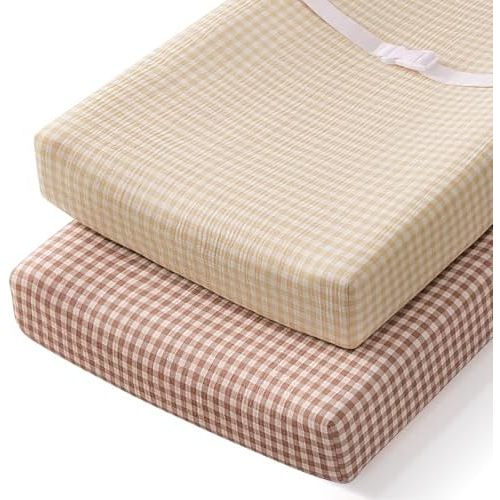 Blissful Diary Muslin Changing Pad Cover for Baby Girls Boys, Ultra Soft Breathable Cotton, Baby Diaper Change Table Pad Covers, 2Pack (Checkered Beige & Checkered Brown)