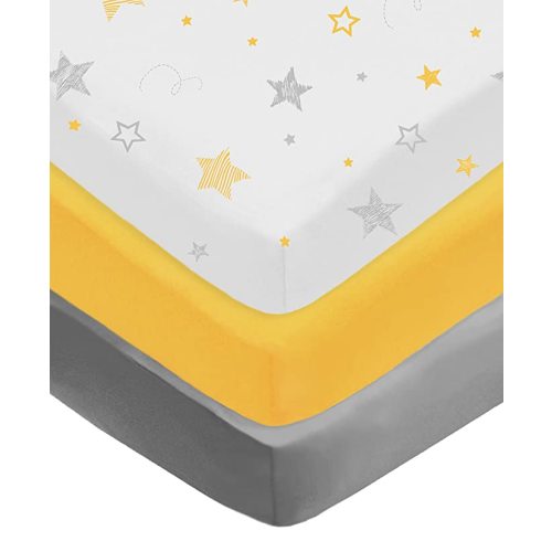 American Baby Company 3 Pack 100% Natural Cotton Fitted Crib Sheets 52" x 28" - Soft, Breathable, Hypoallergenic & Gentle Toddler Bed Sheets, Yellow Star/Yellow/Gray, Neutral for Boys & Girls