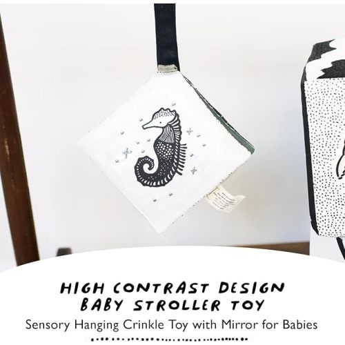 Wee Gallery Ocean Animals Crinkle Pages Stroller Toy, Sensory Hanging Crinkle Toy with Mirror for Babies, High Contrast Animal Art and Montessori Baby Item for Walks, Car Seat, Play Gym and Tummy Time