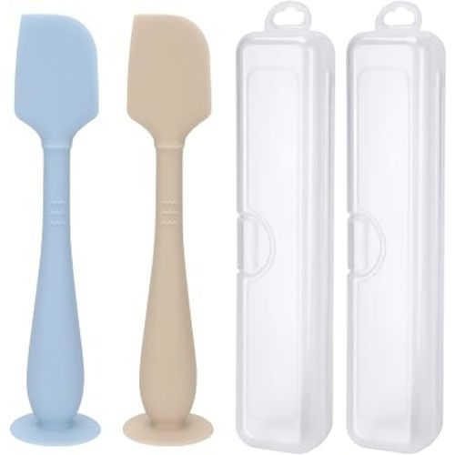 2 Pack Diaper Cream Spatula with Hygienic Travel Case, Butt Spatula Baby with Suction Base, Baby Butt Paste Spatula, Soft Silicone Diaper Rash Cream Applicator Large Size (Blue & Offwhite)