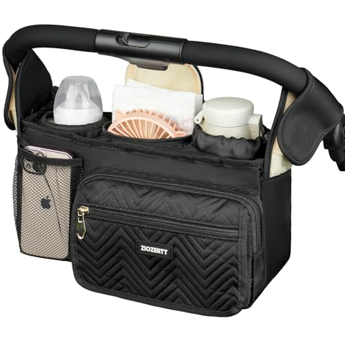ZIOZERTT Universal Stroller Organizer with Insulated Cup Holder,Stroller Caddy Bag with Wet Wipes Pocket,Stroller Accessories Fits for Uppababy,Doona,Jogger,Britax,Mompush,BoB Strollers,Black