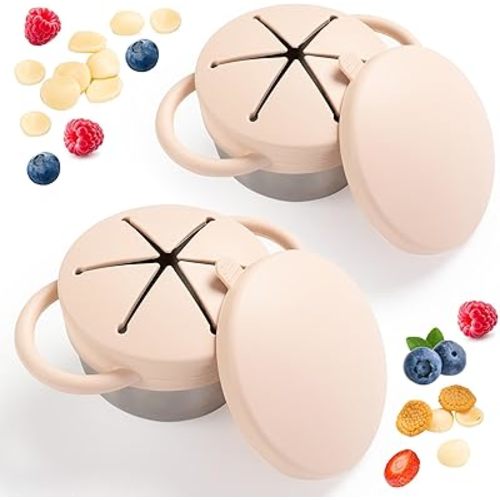Snack Containers for Toddlers, Stainless Steel Toddler Snack Cups with Silicone Food Catcher & Lids,Snack Cups for toddlers Spill Proof (Creamy Creamy, Pack of 2)