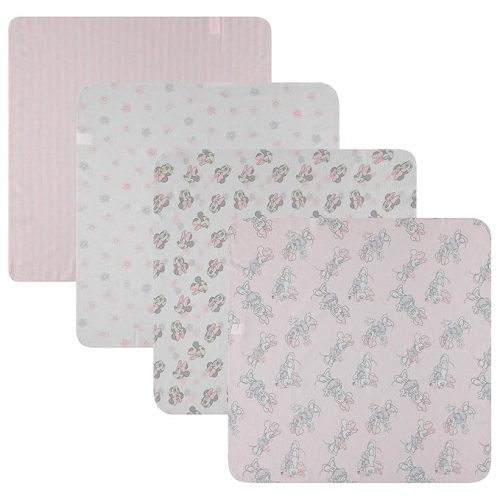 Disney Baby 4-Pack Receiving Blankets — 100% Cotton Flannel, 28" x 28" — Available in Mickey, Minnie, Pooh, Stitch or Angel — Soft Swaddle, Burp & Stroller Blankets — Gift-Ready with Ribbon Bow
