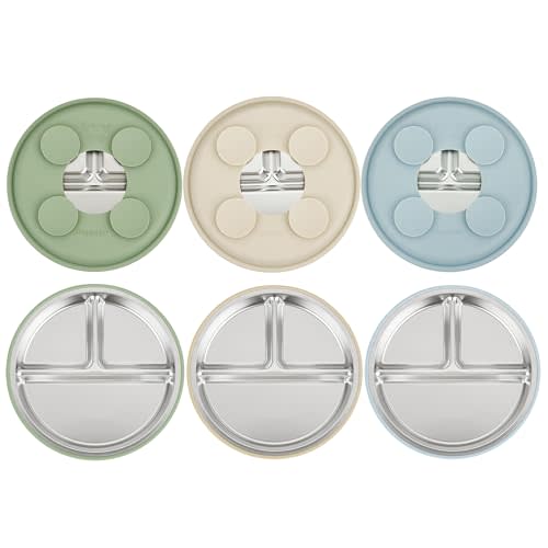 PandaEar 3 Pack Stainless Steel Baby Suction Plates, Divided Toddler Plate for Baby Led Weaning Supplies, Non-Slip Toddler Baby Feeding Set Dishwasher Safe (Blue/Green/Brown)